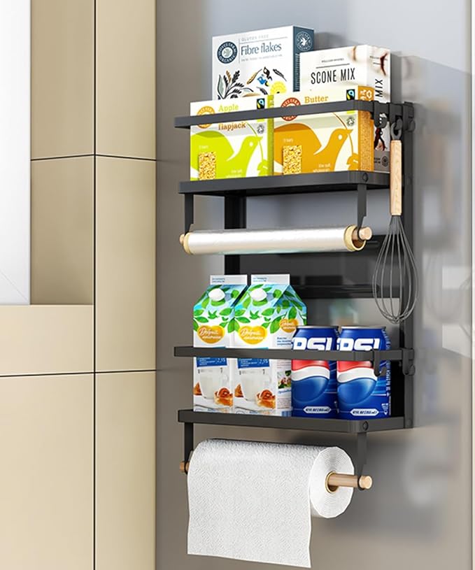 Foldable Refrigerator Organizer 4 Tier Magnetic Fridge Spice Rack Paper Towel Holder Multi-purpose Kitchen Storage Shelf Rustproof Spice Jars Holder, Black
