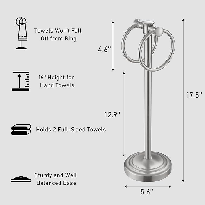 Hoimpro 17" Brushed Nickel Standing Towel Rack Bracket, Double Towel Ring Hand Towel Free Stand Holder Bathroom Hardware Accessories Set, Towel Bar for Bathroom Vanities and Kitchen Countertops