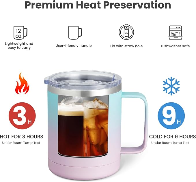 MEWAY 12oz Coffee Mug With Handle and Sliding Lid,Stainless Steel Travel Tumbler Cup with Handle,Double Wall Vacuum Insulated Camping Cup for Hot & Cold Drinks Tea (Bubble Gum,Set of 1)