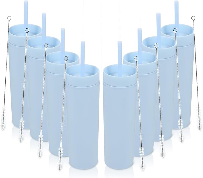 Volhoply 16oz Plastic Skinny Tumbler with Lid and Straw Bulk 8 Pack,Insulated Double Wall BPA Free Matte Acrylic Tumblers,Iced Coffee Travel Mug Reusable Party Cup,Customizable Diy Gifts(Blue,8 Set)