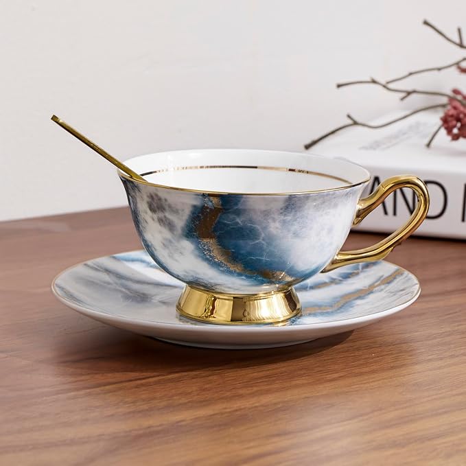 7oz Bone China Coffee Cup Saucer Spoon Set of 2 Iridescent Electro-optic Texture with Gold Rim Elegant Porcelain Tea Coffee Mug Set for Latte Cappuccino Gift for Women Home Wedding