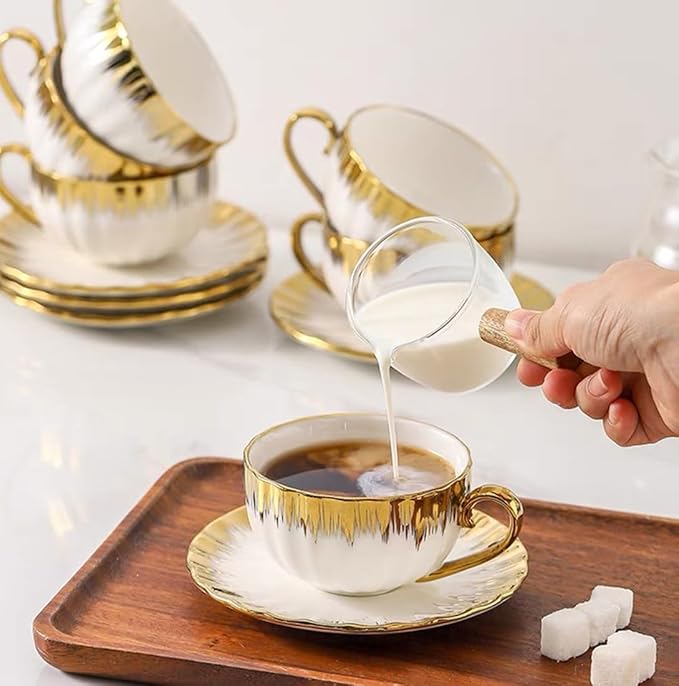 Gold Rimmed Ceramic Coffee Mug with Saucer Cappuccino Mug, 6 oz, for Coffee, Latte, Tea, Set of 6 (gold, Medium)
