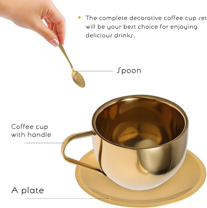 Hemoton Stainless Steel Coffee Cup Set with Saucer and Spoon 2-Piece 4.13X3.14X2.16In European Style Tea Mugs 304 Material for Home Cafe Party