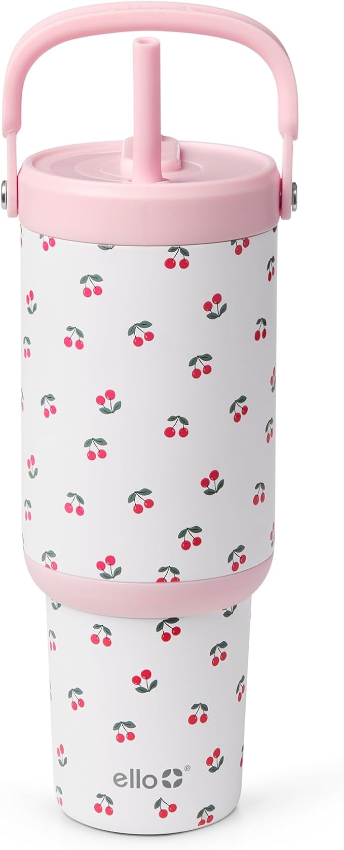 Ello Oasis Go+ 32oz Tumbler with Top Handle and Retracting Straw | Reusable Insulated Stainless Steel Cup, 100% Leakproof Water Bottle, 24 Hours Cold, Cup Holder Friendly For Travel | Cherry Jubilee