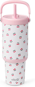 Ello Oasis Go+ 32oz Tumbler with Top Handle and Retracting Straw | Reusable Insulated Stainless Steel Cup, 100% Leakproof Water Bottle, 24 Hours Cold, Cup Holder Friendly For Travel | Cherry Jubilee