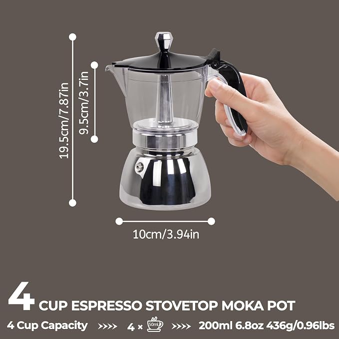 Clear Plastic Moka Pot 4 Cup 200ml Stainless Steel Coffee Maker Uncoated Stovetop Espresso Coffeemaker Italian Classic Style Brewing Greca Cafe Mocha for Cafeteras Camping Travel Home Use