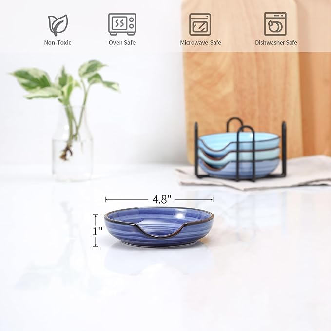 Selamica Ceramic Spoon Rest with Holder, 4.8 Inch Spoon Rest for Stove Top, Spoon Holder for Kitchen Counter, Coffee Spoon Holder, Utensil Rest for Cooking, Ladles, Tong, Set of 4, Gradient Blue