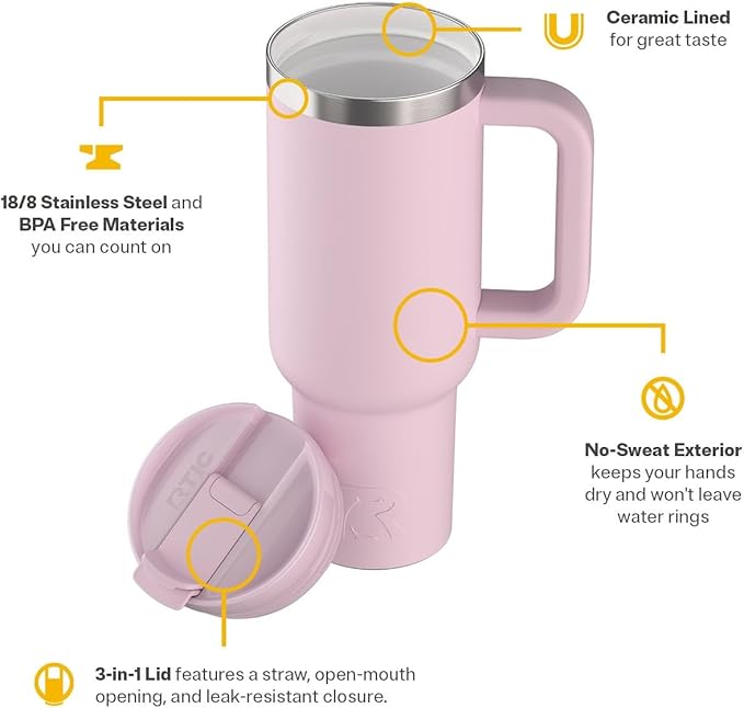 RTIC 40 oz Road Trip Tumbler Double-Walled Cermaic Lined Insulated Stainless Steel Portable Travel Coffee Mug Cup with Lid, Handle and Straw, Pale Pink
