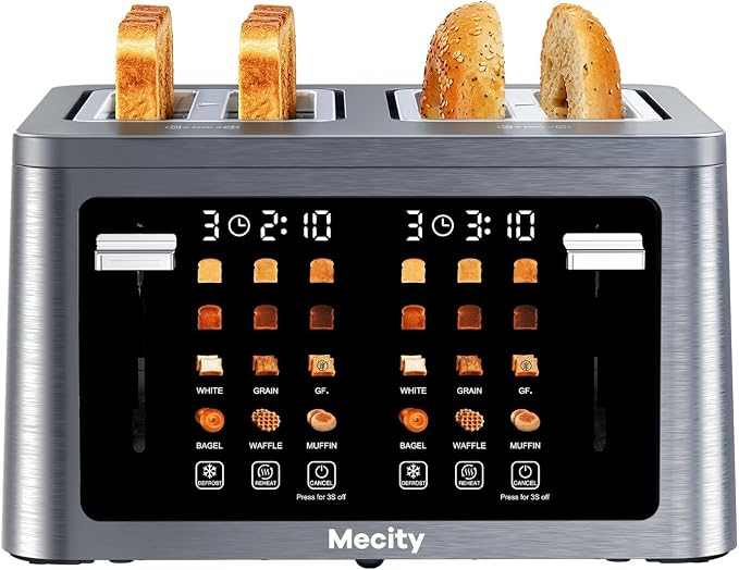 Mecity 4 Slice Touchscreen Toaster, 6 Bread Modes & 6 Browning Levels, Dual Touch Control Wide Slot Stainless Steel Electric Toaster with Memory, Defrost, 3-Min Auto Shutoff for White, Bagels, Waffles