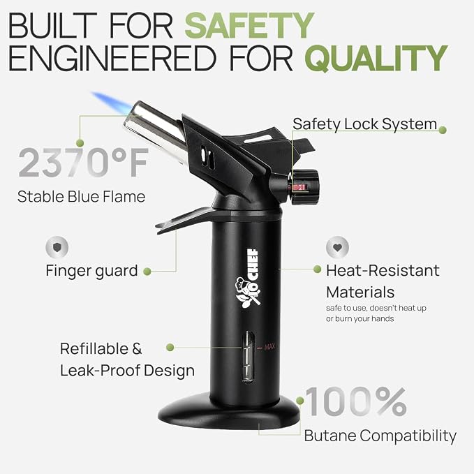 Jo Chef Eagle RX Culinary Crème Brûlée Torch – Butane Blow Torch with Safety Switch, Adjustable Flame, Fuel Gauge and Hand Shield for Crème Brûlée, BBQ, Searing & DIY – 2 cans (3.38oz) Included