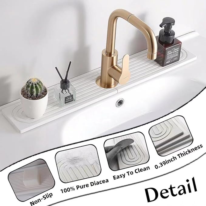 Quick Drying Stone Faucet Mat for Kitchen Sink, 18.1'' Long Diatomite Sink Tray, Faucet Splash Guard for Kitchen,Bathroom Counter, Prevents Moisture, Super Absorbent, White (White, 18.1" x 3.9")