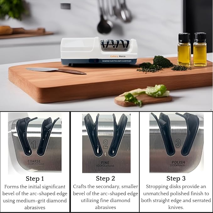 Simple Sharp Professional Electric Knife Sharpener | 3 Stage Precision Sharpening System for Straight and Serrated Blades with Diamond Abrasives | Effortless Precision Sharpening (White)