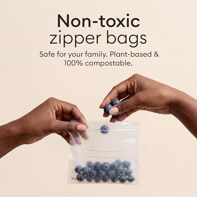 Vove Compostable Quart Bags 30 Ct – PFAS-Free, BPI Certified, Freezer Safe with Airtight Seal for Leftovers & Meal Prep, Plant-Based