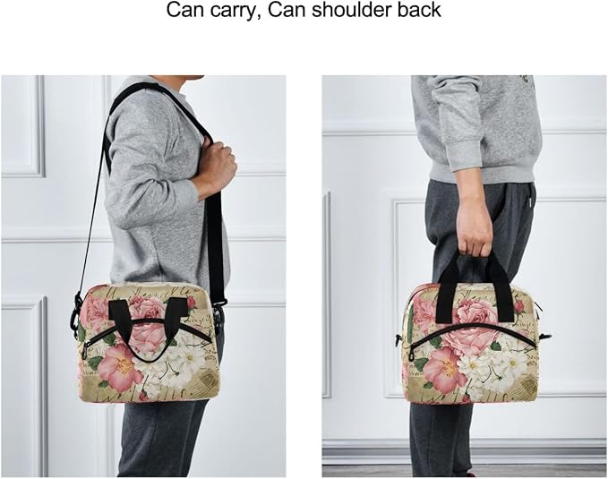 OREZI Lunch Bag for Girls Women,Vintage Shabby Chic Pink Rose Floral Lunch Box Container with Detachable Shoulder Strap,Insulated Lunch Coolers for School Office