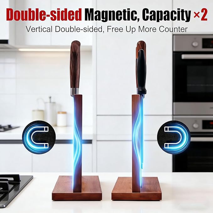 Bamboo magnetic knife holder - Double-Sided magnetic knife block with Strong Magnets, Space-Saving knife magnetic strip for Kitchen Countertop, Multipurpose knife organizer