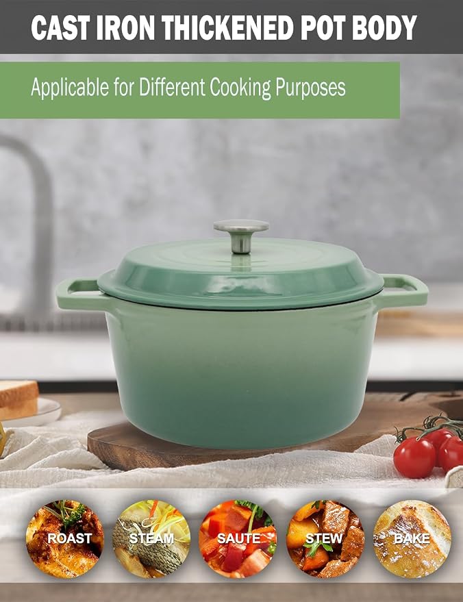 NNWsystems 4.2 Quart Cast Iron Dutch Oven with Lid - Enameled Non-Stick Interior, Oven Safe to 500°F, Multi-Stovetop Compatible - Pine Green