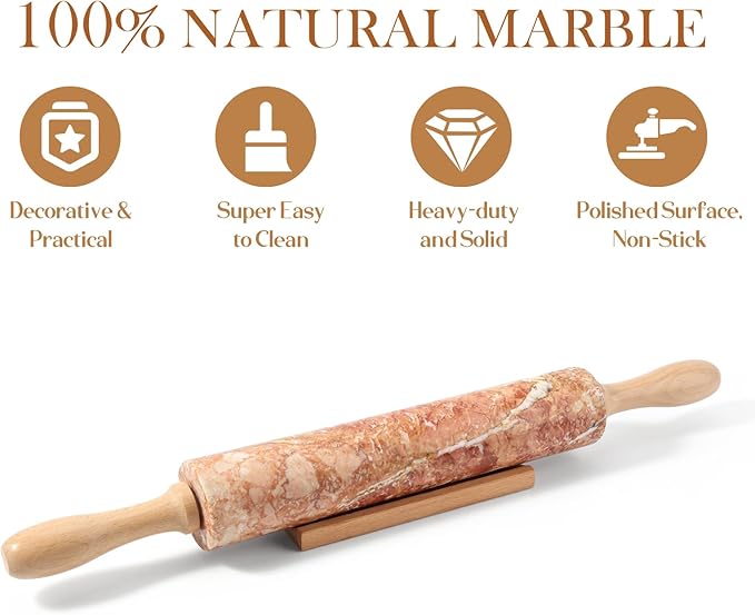 Koville Marble Rolling Pin, Non-Stick Polished Dough Roller, Pasta, Dumpling, Ravioli, Fondant,Pie Crust, Kitchen Baking Pastry Tools Red Marble