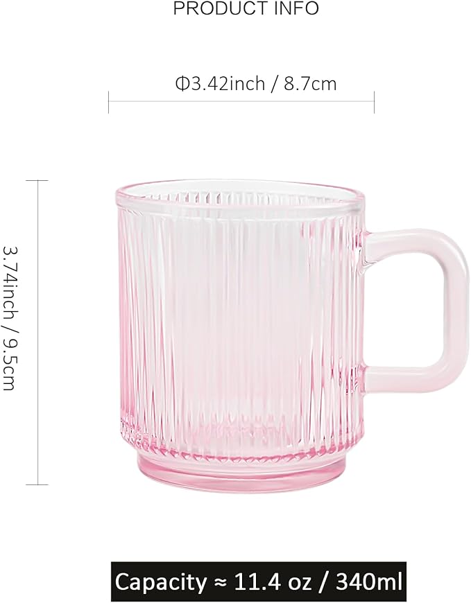 Glass Coffee Mugs 6 Pack - 12 OZ Pink Coffee Cups with Handles - Classic Vertical Stripes Transparent Tea Cup Set for Hot Cold Beverages