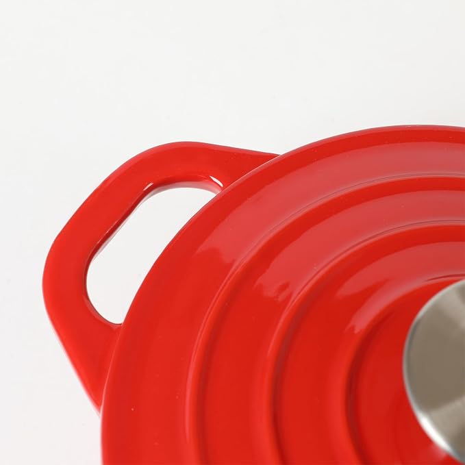 HAWOK Enameled Cast Iron Mini Dutch Oven, Dia5.51”, 23oz, with Bamboo Tray, Set of 2, Red