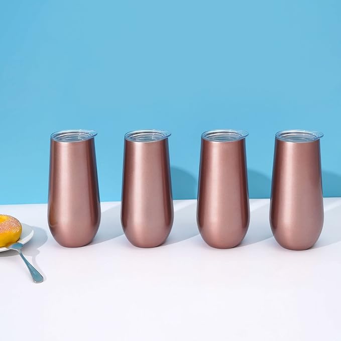 Lifecapido 4 Pack Stemless Champagne Tumblers, 12oz Insulated Champagne Flutes with Lid, Insulated Champagne Glass, Champagne Flute Tumbler, Great Gift for Birthday Party Wedding Christmas (Rose Gold)