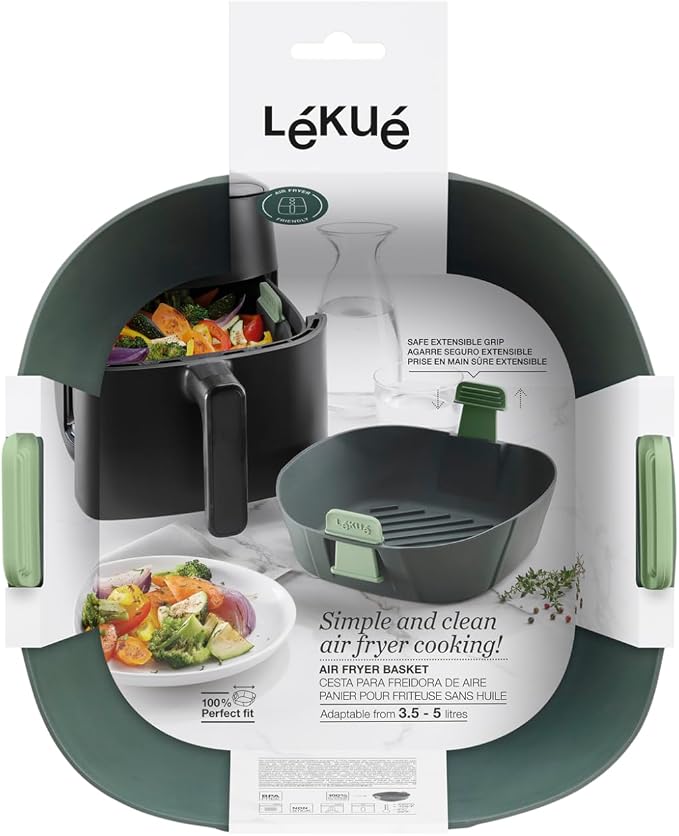 Lékué Air Fryer Basket - Large - 100% Platinum Silicone Baking Pan for Air Frying, Fits in Draw Tray, Flexible Corners, Pull-up Handles for Easy Removal, Flat Bottom with Drainage Grooves