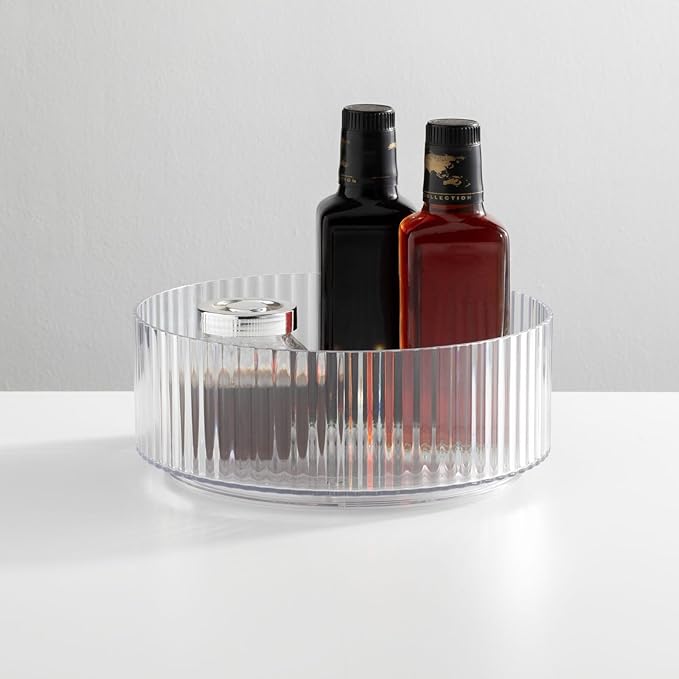mDesign Fluted Lazy Susan Turntable Plastic Spinner for Kitchen and Bathroom Cabinet, Cupboard, or Countertop Organizing - Rotating Organizer for Condiments, Jewelry, Accessories - 9" Round - Clear