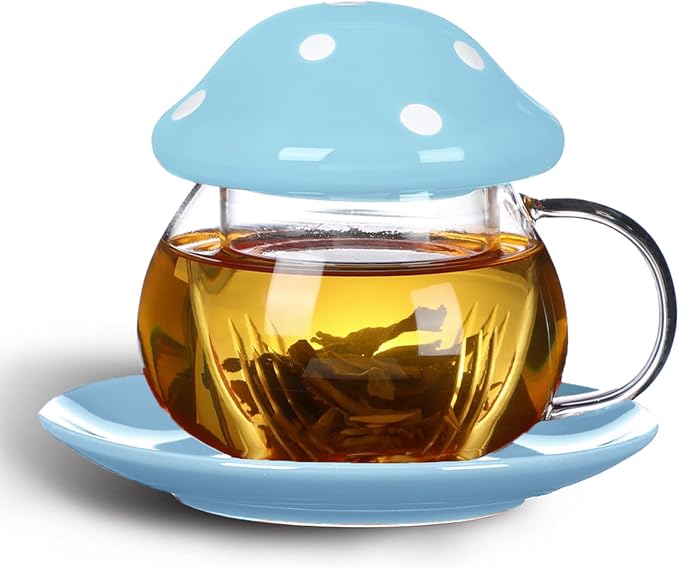 Mushroom Cup Cute Glass Tea Cup with Infuser and Lid Kawaii Mushroom Mug Set Coffee Teapot with Ceramic Coasters 11oz (Blue)