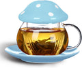 Mushroom Cup Cute Glass Tea Cup with Infuser and Lid Kawaii Mushroom Mug Set Coffee Teapot with Ceramic Coasters 11oz (Blue)