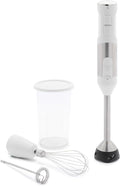 GreenLife 500-Watt Immersion Electric Handheld Stick Blender with Stainless Steel Blades, Whisk, Frother, Measuring Cup and Lid, Soups, Puree, Cake, Multi-Speed Control, Portable, White