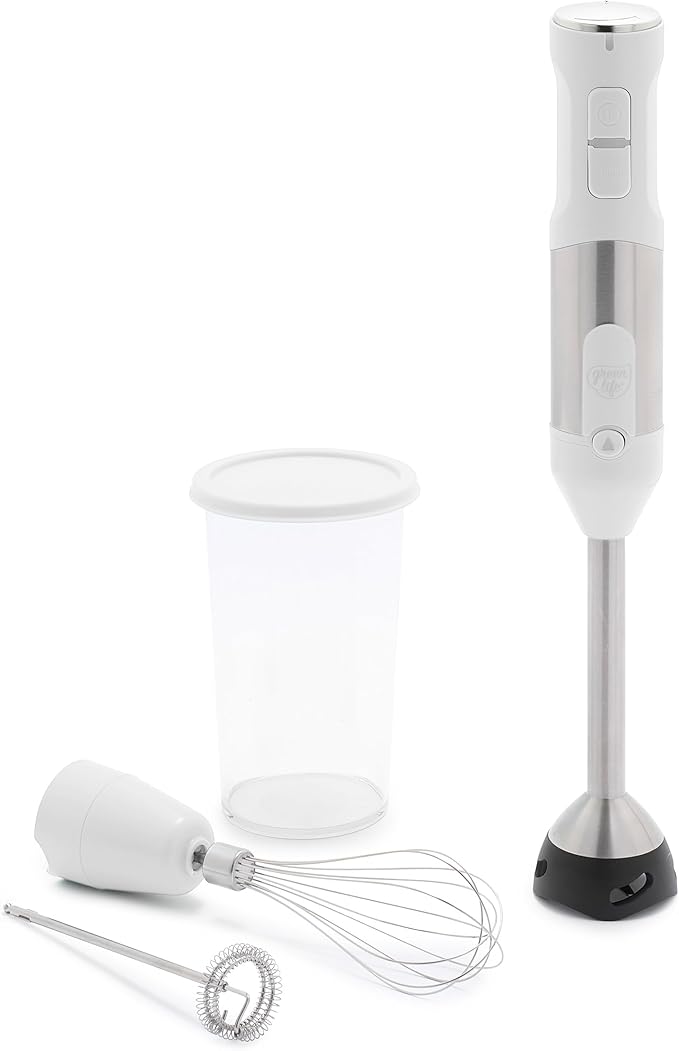 GreenLife 500-Watt Immersion Electric Handheld Stick Blender with Stainless Steel Blades, Whisk, Frother, Measuring Cup and Lid, Soups, Puree, Cake, Multi-Speed Control, Portable, White