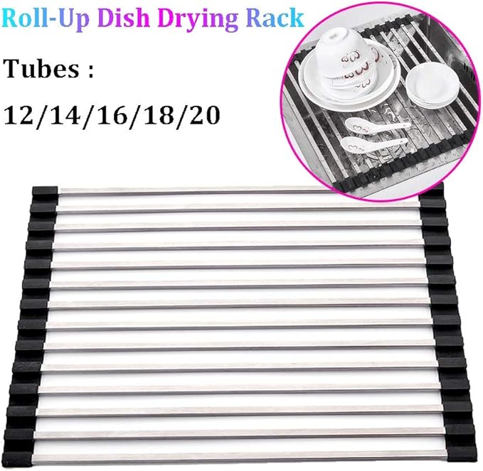 Roll-Up Dish Drying Rack 14 Stainless Steel Tubes Tubes Over The Sink Drying Mat - Multipurpose Dish Drainer Fruits and Vegetable Rinser(Size:45x33cm)(Tobes - 12,60x33cm)