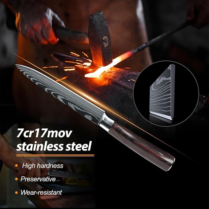 5-Piece Premium Japanese Kitchen Knife Set - Star Collection, Laser Damascus Pattern, 440A Stainless Steel Ultra Sharp for Fast Cutting (Redwood 5B)