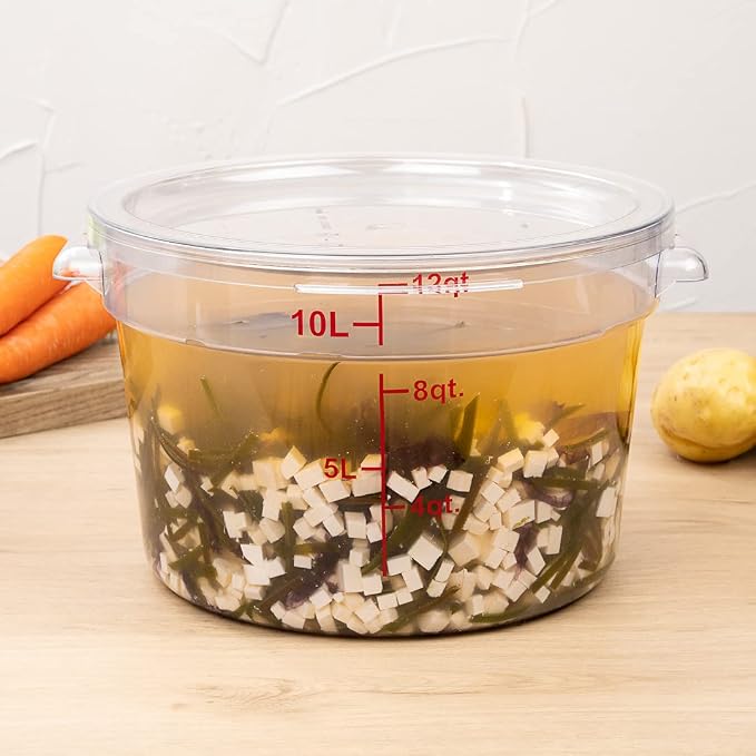 Restaurantware Met Lux 12 Quart Food Storage Container, 1 Round Commercial Storage Container - Lid Sold Separately, With Volume Markers, Clear Plastic Food Prep Bucket, Space-Saving Storage