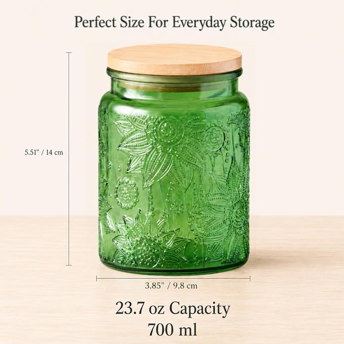 ANSQU Set of 2 Glass Jars with Lids, 23.7 FL OZ Vintage Glass Storage Jars, Cookie Jar Sugar Container for Kitchen Counter, Pantry, Candy Jar with Lid (Green, 2Pack)