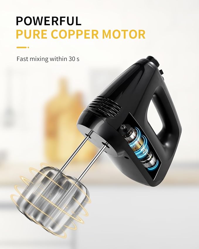 SHARDOR Hand Mixer Electric, 6 Speed & Turbo Mixer Electric Handheld, Snap-On Storage Case,5 Stainless Steel Accessories for Whipping, Mixing Cookies, Brownie, Cakes, Dough Batters (Black)