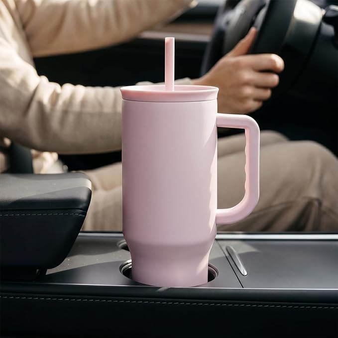 SANDJEST Light Pink 40oz Tumbler with Handle and Straw, Insulated Stainless Steel Travel Coffee Mug for Women Girls, Gift Idea for Birthday Christmas Mothers Day