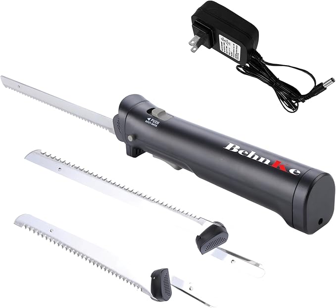 BEHNKE Cordless Electric Knife with 4 Serrated Blades, Rechargeable Carving Knife with Safety Lock Trigger, for Meats, Poultry & Bread, Black
