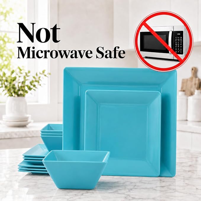 TP 12-Piece Melamine Dinnerware Sets, Plates and Bowls Dishes Set for 4, Break-Resistant & Non-Microwavable, Lightweight Square Dinner Plates, Teal