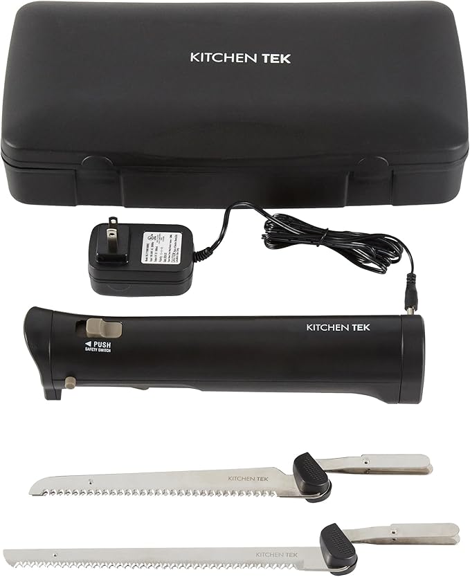 Restaurantware-Kitchen Tek Electric Knife Set, 1 Electric Knife With Motorized Handle - Includes 1 Bread and 1 Carving Tool, 1 Case, Black Plastic Food Cutter With Stainless Steel Blades
