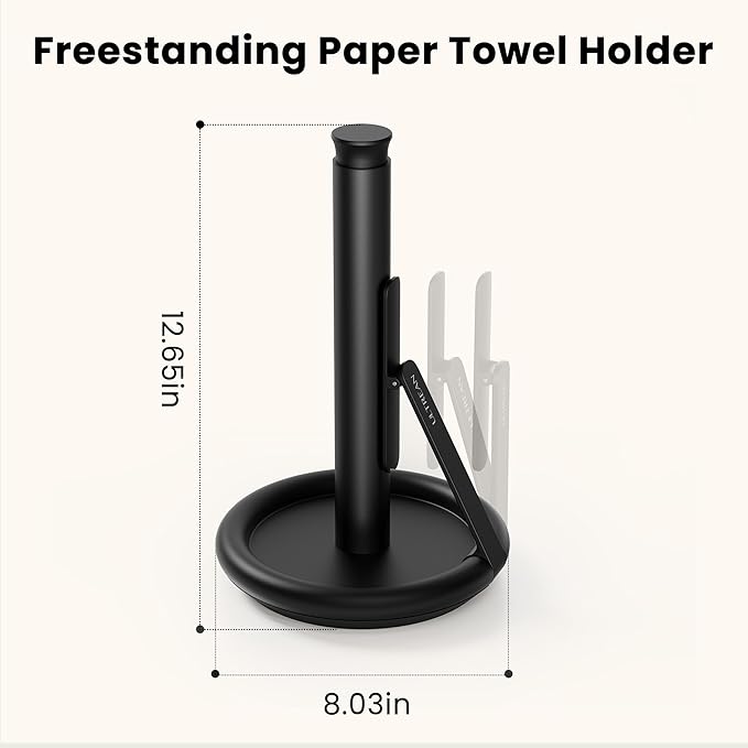 Ultrean Paper Towel Holder Countertop, Freestanding Paper Towel Dispenser with Spring-Loaded Arm for One-Handed Tear, Weighted Non-Slip Base, Stainless Steel for Kitchen, Black