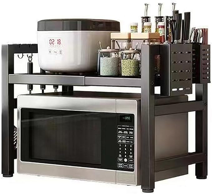 Extendable Microwave Oven Rack, 15.7~24.8" L Expandable Microwave Stand with Storage Shelf Heavy Duty with 6 Hooks and Chopsticks Cutting Board Holder for Kitchen Countertop