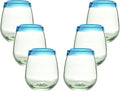 Aqua Blue Rim Hand Blown Stemless Wine Glasses Set of 6 | 16 oz Mexican Glassware | Hand Blown Mexican Drinking Glasses for Wine, Cocktails & Tequila