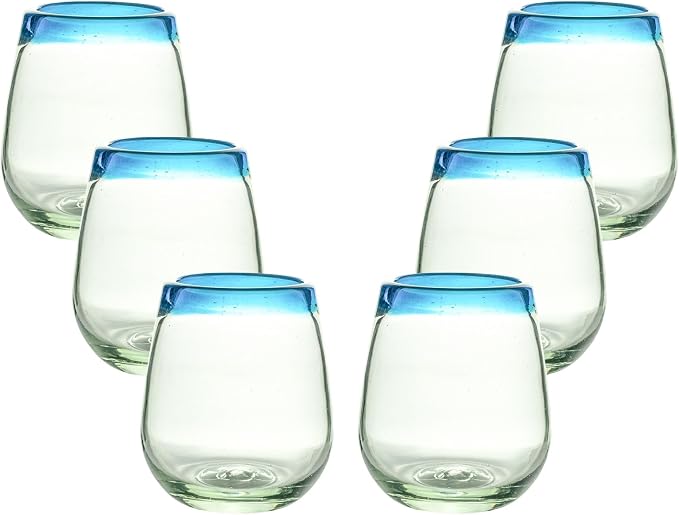 Aqua Blue Rim Hand Blown Stemless Wine Glasses Set of 6 | 16 oz Mexican Glassware | Hand Blown Mexican Drinking Glasses for Wine, Cocktails & Tequila