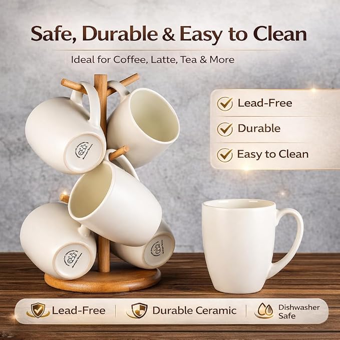 GBhome 12oz Coffee Mugs Set of 6, Large Ceramic Coffee Mugs for Man, Woman, Dad, Mom, Modern Coffee Mugs Set with handle for Tea/Latte/Cappuccino/Milk/Cocoa. Dishwasher&Microwave Safe,ivory