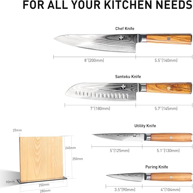 Damascus Knife Set with Block, Chef Knife Set Professional 67-Layer Damascus VG10 Steel, Olive Wood Handle with Gift Box