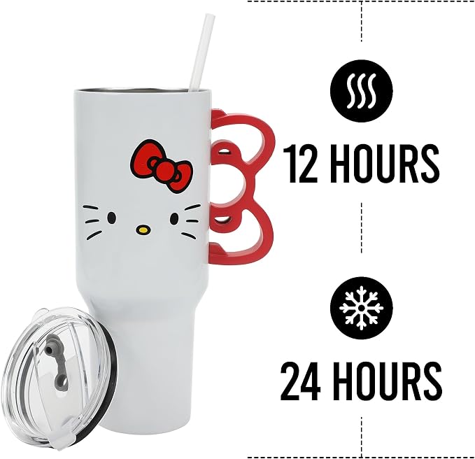 Bioworld Hello Kitty 40 Oz Stainless Steel Tumbler With Sculpted Bow Handle