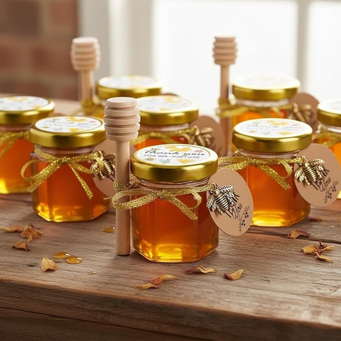 Ahhute Honey Pot, Mini Honey Jars with Dipper, Glass Honey Jars Baby Shower Favors, Party Favors & Wedding Favors, Lid, Bee Pendants, Gold Fabric Ribbons and Gold Organza Bags, 40 Pack 1.5oz