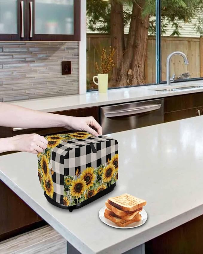 Sunflower Checkered Toaster Cover 2 Slice, Black Buffalo Plaid Dustproof Bakeware Oven Protector with Top Hook, Pastoral Flowers Waterproof Small Kitchen Appliance Toasters Dust Cover, 11"x6"x8"