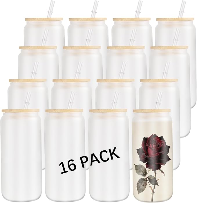 16 Pack Sublimation Blanks Glass Cups Bulk,16 OZ Frosted Drinks Glass Cups with Bamboo Lids and Straws,DIY Gifts Custom Tumbler