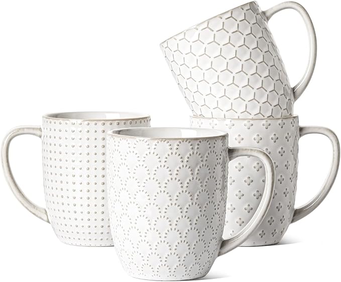 LE TAUCI Coffee Mugs 16 oz,Ceramic Mug Set, Embossment Cups for Latte, Hot Tea, Cappuccino, Mocha, Cocoa, Dishwasher Safe, Suit For Housewarming Wedding- 3.8 inch, Set of 4, Arctic White